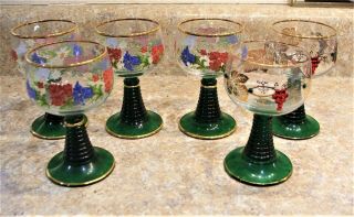 Vintage Roemer German Cordial Wine Glasses Grapes Flowers Set Of 6