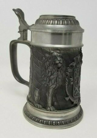 95 Zinn Pewter Stein Mug Lidded Coat Of Arms Lions High Relief Germany
