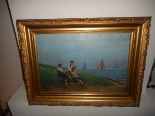 Old oil painting,  { Coast landscape with people,  L.  Jordaens 1944 - 2007 }. 2