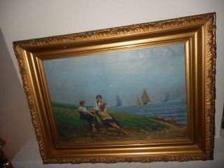 Old oil painting,  { Coast landscape with people,  L.  Jordaens 1944 - 2007 }. 4