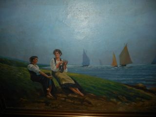 Old oil painting,  { Coast landscape with people,  L.  Jordaens 1944 - 2007 }. 8