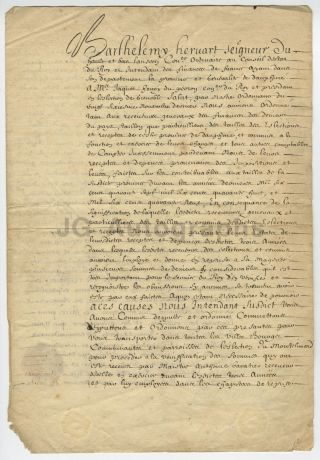 17th Century French Document - 1651 - Signed " De Barthelemy Heruart "