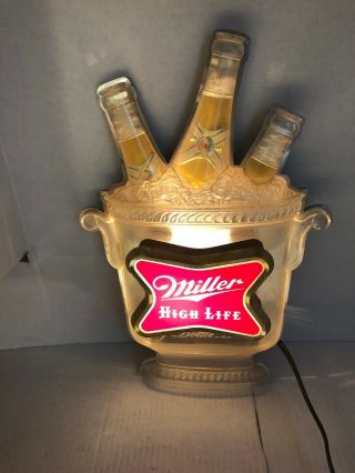 Vintage Miller High Life Lighted Beer Sign W/ 3 Bottle Bucket Model