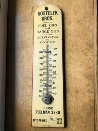 Antique Vintage Chicago Wood Advertising Thermometer Kostelyk Fuel Oil Pullman