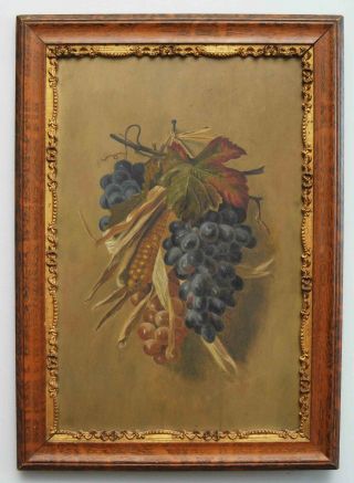 Antique Oil On Board Painting Grapes Corn Fall Autumn Still Life Artist Signed