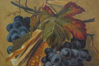ANTIQUE OIL ON BOARD PAINTING GRAPES CORN FALL AUTUMN STILL LIFE ARTIST SIGNED 3