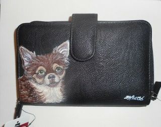 Chihuahua Dog Hand Painted Black Leather Wallet For Women With Safe Keeper