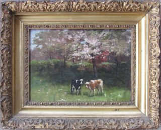 19th C Impressionist Oil - Two Calves In Spring Signed R C Noyes