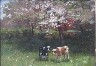 19th c Impressionist Oil - Two Calves in Spring signed R C Noyes 2