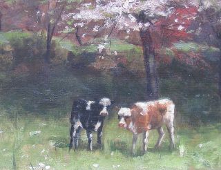 19th c Impressionist Oil - Two Calves in Spring signed R C Noyes 3