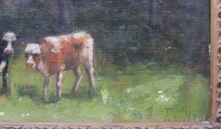 19th c Impressionist Oil - Two Calves in Spring signed R C Noyes 4