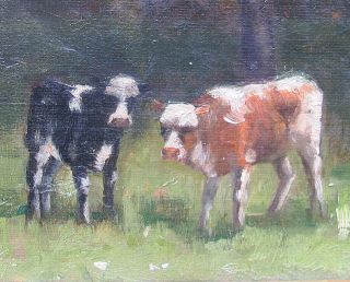 19th c Impressionist Oil - Two Calves in Spring signed R C Noyes 5
