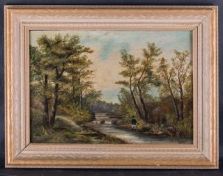Antique American Hudson School Oil Painting " Fishing Near River "