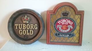 Tuborg Beer Signs One Lighted On Draught One Faux Beer Keg Top Together
