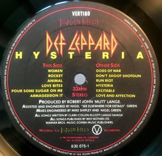 Vtg 1987 DEF LEPPARD Vinyl HYSTERIA 1st Press RECORD Album 830 675 1 Rare EX/NM 5