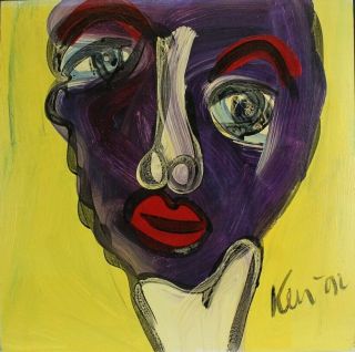 Signed Peter Keil German Neo Expressionist Purple Face Portrait Oil Painting Nr