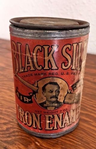 Vintage Black Silk Stove Polish Metal Can Tin Flat Top Iron Enamel