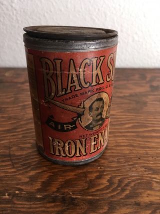 Vintage BLACK SILK Stove Polish Metal Can Tin Flat Top Iron Enamel 3