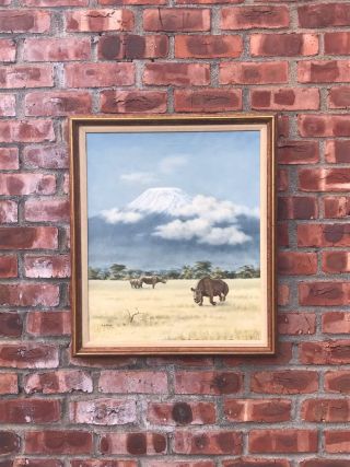 Oil Painting By Lydia De Burgh.  Rhino ' s At Mt Kilimanjaro.  Signed 2