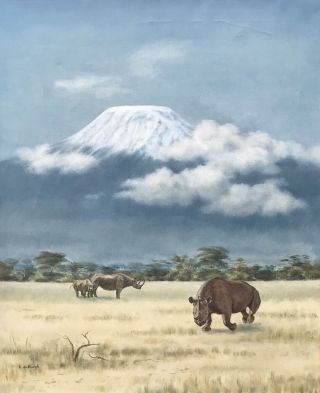Oil Painting By Lydia De Burgh.  Rhino ' s At Mt Kilimanjaro.  Signed 4