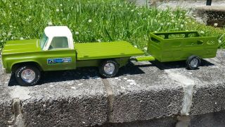 Vintage Nylint Farms Green And White Truck With Flat Bed And Trailer 1970s 15”