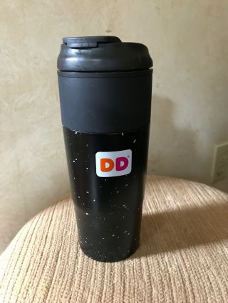 Dunkin Donuts Black White Speckled Insulated Travel Coffee Mug With Lid 16 Oz.