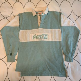 Vintage 1980s Coca - Cola Long Sleeve Rugby Shirt Teal Light Blue L (see Below)