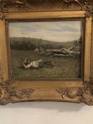 19th C.  Oil On Canvas Of Man In Field Resting; Signed,  Museum Quality Frame/oil