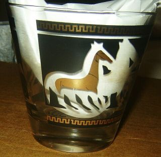 Fred Press Signed Horse Mid Century Modern Low Ball Barware Glass Gold Black
