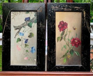 Victorian Antique Botanical Oil Paintings On Canvas & “aesthetic” Frames Pair