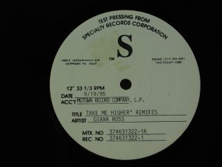 Diana Ross Test Pressing 12 Inch Single Take Me Higher Remixes On Specialty