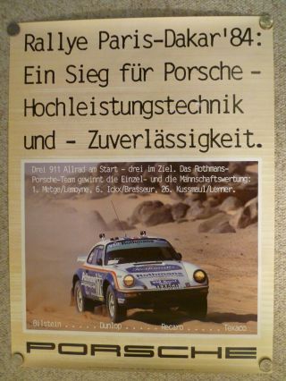 1984 Porsche 995 Paris - Dakar Victory Showroom Advertising Poster Rare