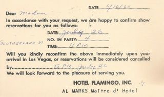 Vintage 1960 Courtesy Card Hotel Flamingo Las Vegas,  Nevada