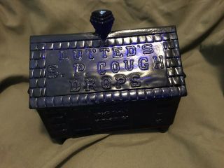 Lutteds S.  P.  Cough Drops Cobalt Blue Glass Log Cabin Display Container