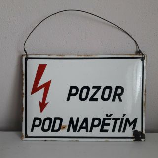 Warning Live Voltage Overhead Enamel Metal Sign Communist Era Czechoslovakia