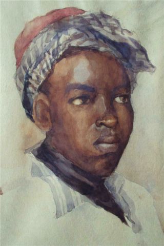 Vintage Black Americana Watercolor Portrait Of A Young Man Or Woman Signed Piece