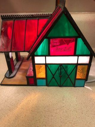 Coca Cola Franklin Stained Glass Lighted Gas Station 1997 5
