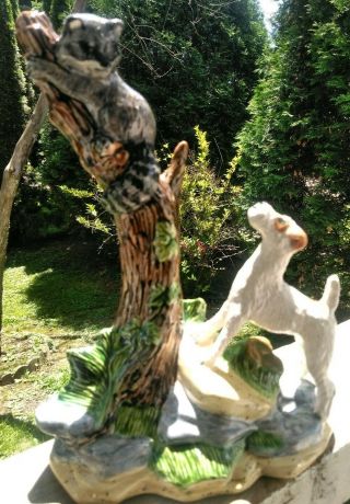 Jack Russell Terrier Dog And Treed Raccoon Figurine Ceramic Sculpture Ooak