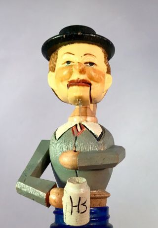 Vintage Hand Carved Drinking Man Figural Wood Bottle Stopper,  Mechanical Italy