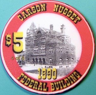$5 Casino Chip.  Nugget,  Carson City,  Nv.  Federal Building 4 Of 5.  N75.