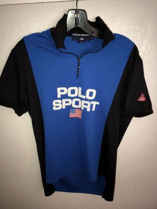 Vtg Polo Sport Ralph Lauren Color Block Spellout 1/4 Zip Cycling Polo Shirt Med