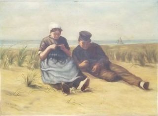 Antique 19thc Dutch Boy & Girl In The Beach Dunes Oil On Canvas Painting Signed