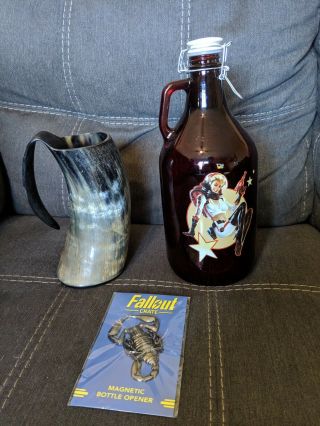 Fallout Nuka Cola 64 Oz Growler,  Radscorpion Bottle Opener,  Brahmin Horn Mug
