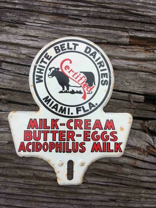 Vintage White Belt Dairies Miami Florida Ad License Plate Topper Belted Galloway