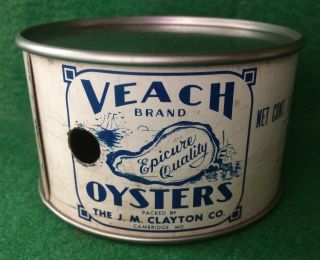 Veach Brand Half Pint Sample Oyster Tin Can J M Clayton Co Cambridge Maryland