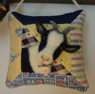 3d Goat On Antique Quilt Cupboart Pillow Ooak Fabric Art By Renate 