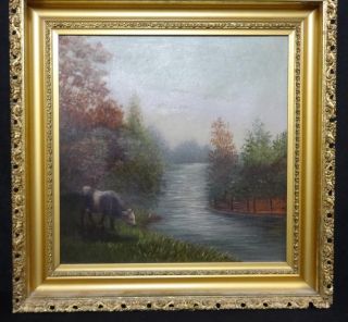 Antique Oil On Canvas Landscape Painting W/ Stream & Cow Late 19th Century