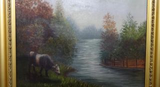 Antique Oil on Canvas Landscape Painting w/ Stream & Cow Late 19th Century 2