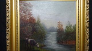 Antique Oil on Canvas Landscape Painting w/ Stream & Cow Late 19th Century 3