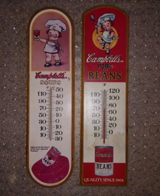 Vintage Campbell Soups / Pork & Beans Thermometer Wall Advertising Display Set 2